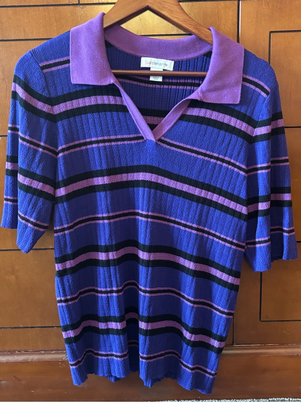 Liz Claiborne Purple Striped Short-Sleeve Polo Top